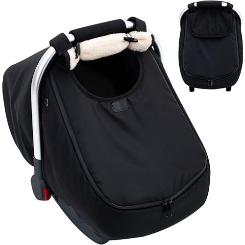 Winter Baby Car Seat Cover, Infant Car Seat Cover with Thickened Fleece Lined, Warm Carseat Covers with Side Breathable Holes, Baby Carrier Canopy with Privacy Flip for Rain Snow Cold Weather