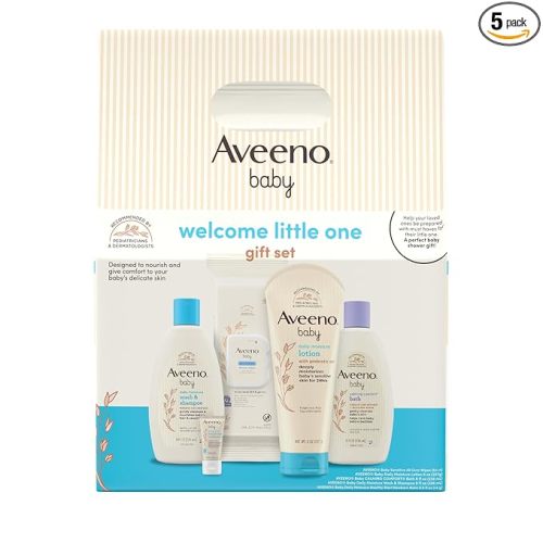 Aveeno Baby Welcome Little One Gift Set, Baby Essentials Set with Daily Moisture Wash and Shampoo, Calming Comfort Bath, Sensitive All Over Wipes, Body Lotion, & Healthy Start Balm, 5 Items