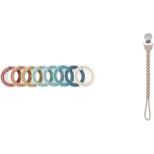 Itzy Ritzy Linking Ring Set; Set of 8 Braided, Rainbow-Colored Versatile Linking Ring & Silicone Pacifier Clip; 100% Silicone Pacifier Strap with Clip Keeps Pacifiers, Teethers & Small