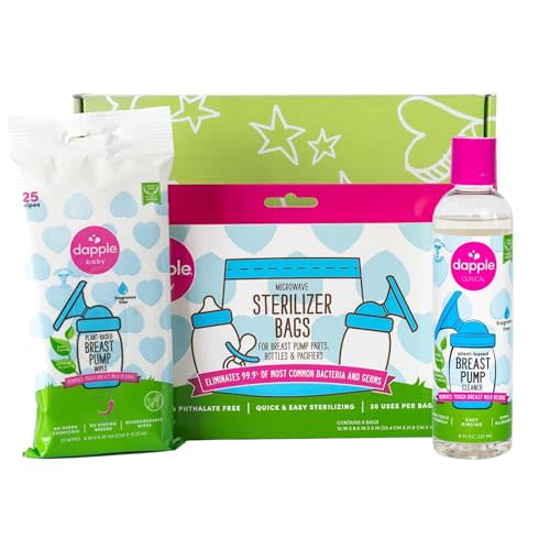 Dapple Breast Pump Cleaning Essentials Gift Set, Hypoallergenic & Powered by Plants, Removes Milk Residue, Leaves No Taste, 25ct Wipes, 8oz Soap 8ct Sterilizer Bags