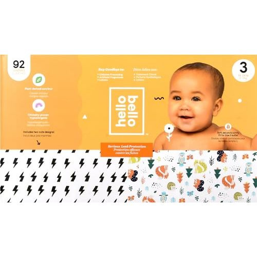 Hello Bello Diapers, Size 3 (14-24 lbs) - 92 Count of Premium Disposable Baby Diapers in Bolt Babes & Woodland Animals Designs - Hypoallergenic with Soft, Cloth-Like Feel