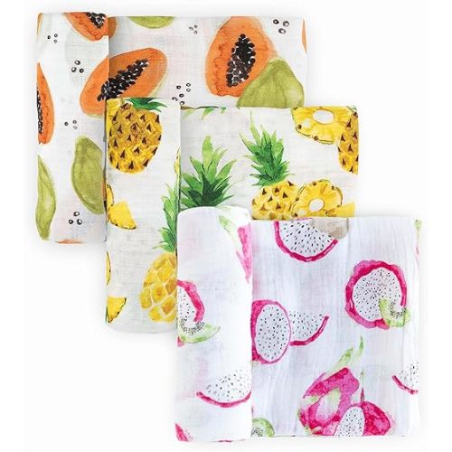 Little Unicorn Premium Muslin Swaddle Blanket 3 Pack | for swaddling, Play, Nursing & More | Giftable Set of 3 (Tropical Fruit)