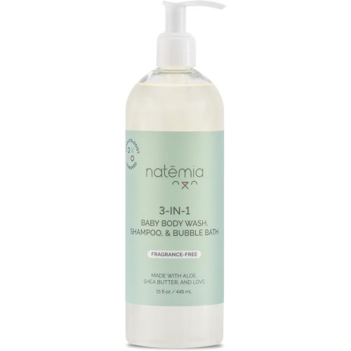 Natemia Tear-Free 3-in-1 Baby Shampoo, Body Wash, & Bubble Bath Dermatologist Approved Made with Shea Butter and Aloe 15 fl oz