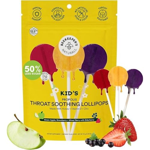Kids Throat Soothing Lollipops by Beekeeper's Naturals - Doctor Formulated Immune Support, Vitamin D & Honey, Under 2g Sugar, Clean Ingredients,15 ct