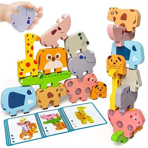 Toys for Toddlers 1-3, Montessori Toys for 1 2 3 Year Old Boys & Girls, Toy Age 2-4 0-2 Kids Baby, 1 2 3 Year Old Girls Boys Gifts, Wooden Animal Blocks Stacking Education Puzzles Toy