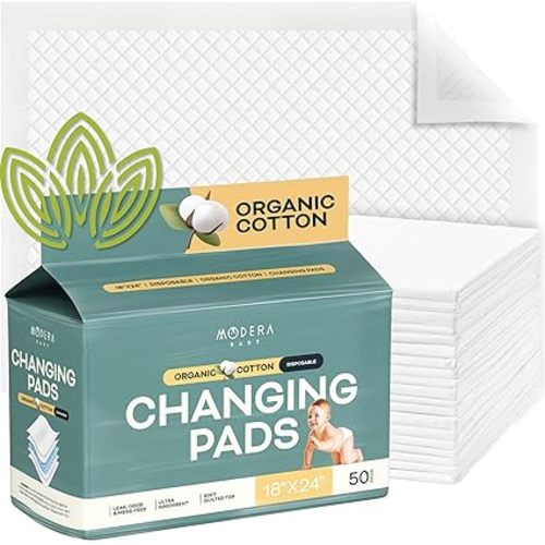 Organic Cotton Disposable Changing Pad Liners | Large 18x24 Hypoallergenic Ultra Absorbent & Waterproof Super Soft, Quilted Underpads for Baby Diaper Table & Travel, Leak Proof & Mess Free [50-Pack]