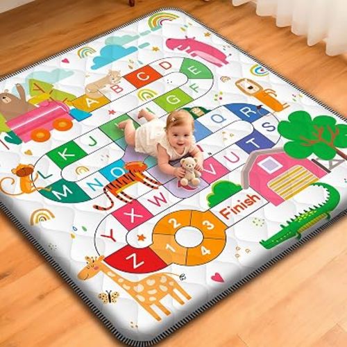 Baby Play Mat for Floor,50x50 Inch Soft Padding Crawling Mat, Foldable and Machine Washable, Thick for Babies & Toddlers,Animal School
