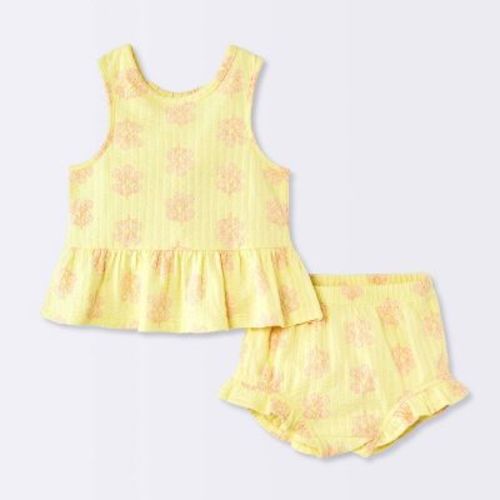 Baby Girls' 2pc Floral Peplum Tank Top and Ruffle Shorts Set - Cloud Island™ Lemon Yellow 3-6M