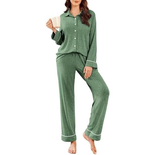 Ekouaer Womens Pajama Sets Long Sleeve Ribbed Knit Lounge Set Button Down Soft 2 Piece Pjs With Pockets
