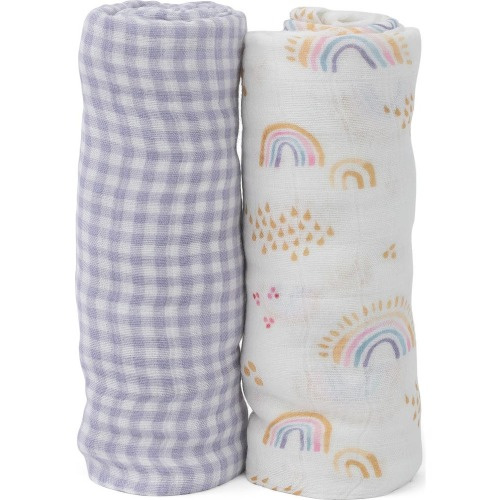 little unicorn 2-Pack Muslin Swaddle Blanket, Rainbow Gingham