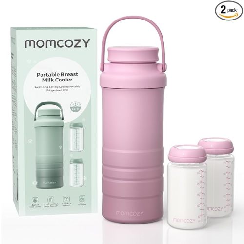 Momcozy 22oz Portable Breast Milk Cooler for Outdoor, Life Saver with 360° Total Cooling for 24 Hours, Larger Capacity Travel Breastmilk Chiller with 2pcs Baby Bottles for Breastmilk Storage, Pink