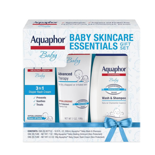 Aquaphor Baby Skin Care Essentials Gift Set with Baby Wash and Shampoo (16.9 Fl Oz) + Healing Ointment for Chapped Skin and Drool Rash (7Oz) + Diaper Rash Cream (3.5Oz), Hypoallergenic