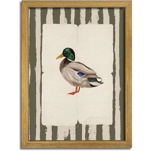 Vintage Framed Duck Wall Art Print, Rustic Mallard Bird Illustration Canvas Poster, Cottagecore Animal Artwork, Farmhouse Nature Wall Decor for Living Room Kitchen Bathroom Bedroom 12x16 inch