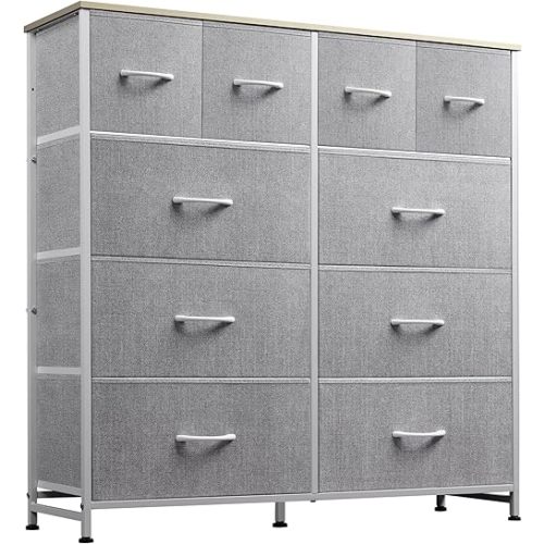 WLIVE Fabric Dresser for Bedroom, Dresser with 10 Drawers, Storage Tower with Fabric Bins, Double Dressers, Chest of Drawers for Closet, Living Room, Hallway, Light Grey