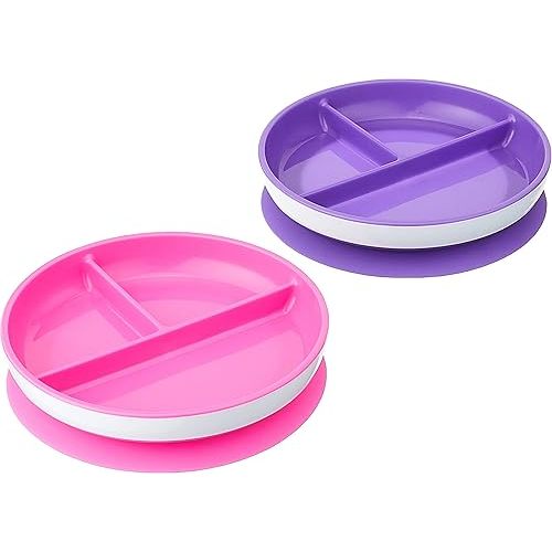 Munchkin Stay Put Suction Plates for Baby and Toddler, 3 Divided Sections , Pink/Purple