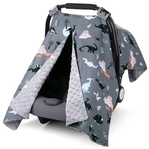 Rquite Car Seat Cover Baby, Carseat Covers Baby Boy, Minky Infant Car Seat Cover Winter, Peekaboo Opening Car Seat Canopy, Multi-use Baby Carrier, Stroller, Nursing Cover, Minky Blanket, Dinosaur