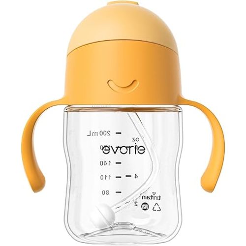 Evorie Tritan Weighted Straw Sippy Cup with Handles for Baby and Toddlers 6 months up, 7 Oz Soft Silicone Straw Infant First Training Water Bottle (Apricot)