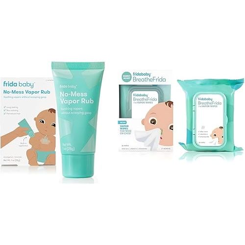 Frida Baby No-Mess Vapor Rub + BreatheFrida Baby Vapor Wipes Bundle: Baby Vapor Rub for Chest, Neck, Back + Foot with Hands-Free Applicator Tube, 1oz & Baby Vapor Wipes with Aloe and Chamomille, 30ct