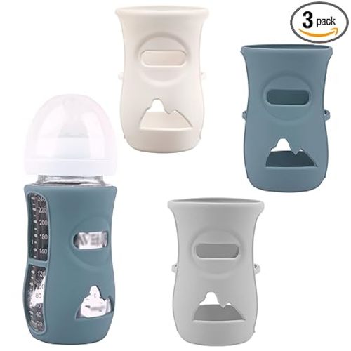 3 Pack Silicone Sleeves for Avent Natural Glass Baby Bottles, Anti Breakage Baby Bottle Holder, Compatible Philips Avent Glass Natural Baby Bottle 8 oz (Grey+Dark Blue+Apricot)