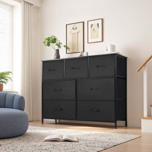 TINKLE WELL Wide 7 Drawer Fabric Dresser, Soft Storage Unit with Bins for Clothes, Toys, Linens, Fits Bedroom, Living Room, Hallway, Black