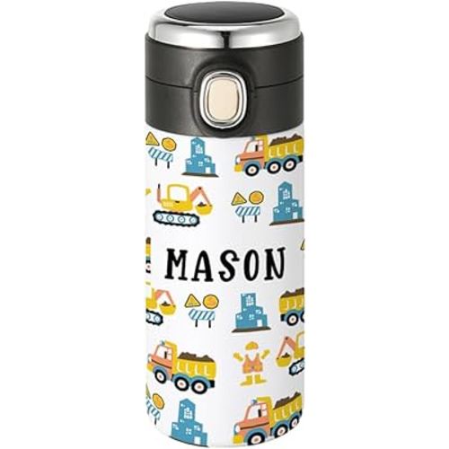 Andaz Press Personalized Kids Tumbler Construction Stainless Steel Water Bottle with Leakproof Flip Lid 10oz BPA-Free Tumbler For Kids Water Bottle Back To School Cups Construction Truck Cup, 1-Pack