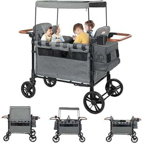 4 Seater Wagon Stroller, Foldable Frame with Adjustable Handle for Toddler Includes Canopy, Organizer and 5 Point Harness