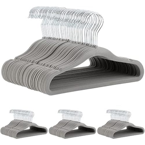 Amazon Basics Kids Space Saving Velvet Non-Slip Clothes Hangers with Shoulder Notches for Infant and Toddler, Sturdy, Gray, 50 Count, 11.6 Inches (Pack of 4)