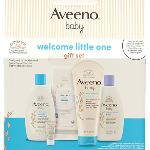 Aveeno Baby Welcome Little One Gift Set, Baby Skincare Set with Nourishing Baby Body Wash & Shampoo, Calming Bath Wash, All Over Baby Wipes, Daily Moisturizing Lotion, & Baby Balm, 5 Items