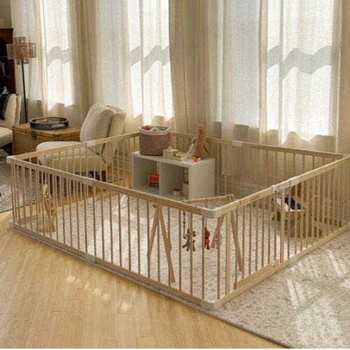 HARPPA Wooden Baby Gate Playpen | Non-Toxic Foldable DIY Adjustable Play Yard for Infants & Toddlers – Natural Finish Baby Fence for Small & Large Spaces