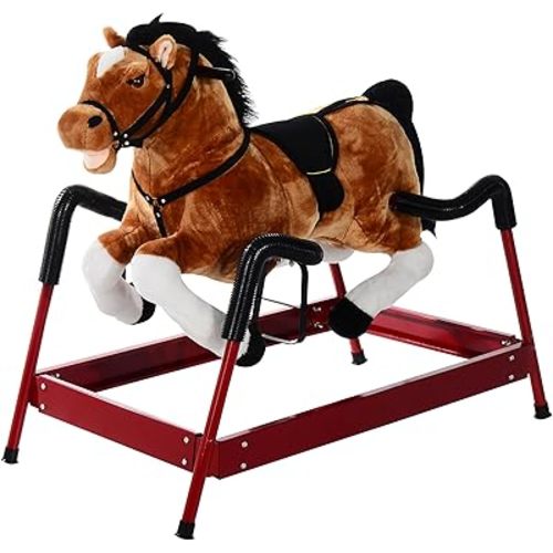 Qaba Durable Plush Toddlers Spring Rocking Horse, Bouncing Rocker Toy with Realistic Sounds