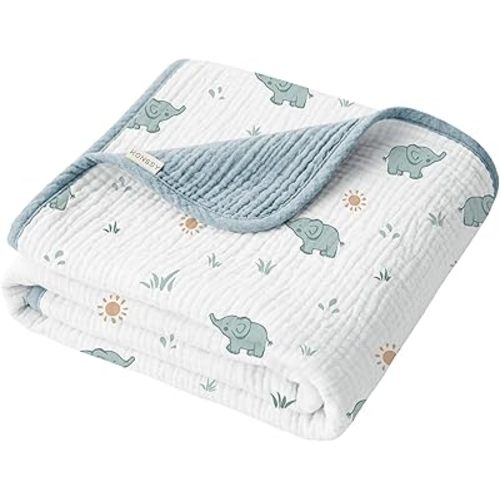 Konssy Muslin Baby Blankets for Girls Boys, 100% Cotton Crib Blanket for Baby Infant Toddler, Super Soft and Lightweight Nursery Blankets 40"x36" (Elephant)