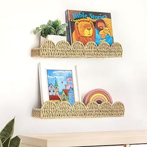 AELS Scalloped Nursery Bookshelf, Set of 2, Picture Ledge Shelf for Wall Decor, Woven Natural Fibre Floating Shelves for Books, Toys, Photo Frames, Nursery, Boho Modern Farmhouse Book Shelf, Beige