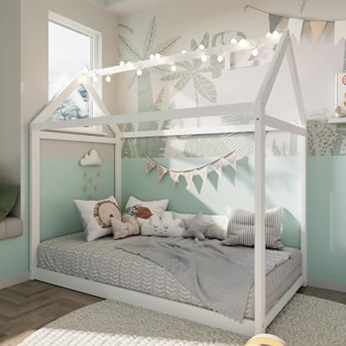 Merax Twin Size House Bed Frame with LED Lights, Solid Wood Montessori Floor Bed, Low Platform Kids Play House Bed for Boys Girls Bedroom,White Finish