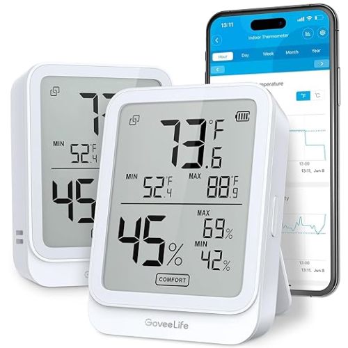 GoveeLife Hygrometer Thermometer H5104 2Pack, Bluetooth Room Temperature Monitor with APP Alert and 2 Years Date Storage Export, Remote LCD Digital Hygrometer Indoor Humidity Meter, Greenhouse