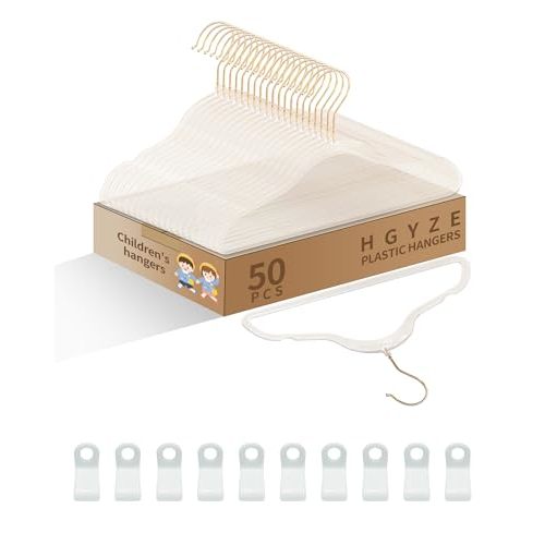 HGYZE Toddler Hangers for Kids Clothes Closet, 50pcs Slim Baby Hangers with 10 Connector Hooks, Infant Coat Hanger, Children Hanger for Girl Nursery (Clear Hangers with Gold Glitter)