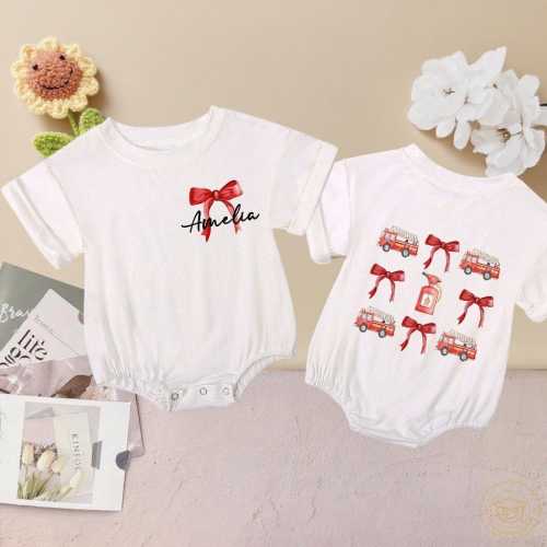 Personalized  Name Firetruck Romper,Coquette Firefighter Baby Bubble Romper,Fire Truck T-Shirt Bubble Romper,Baby Announcement,Baby Gift