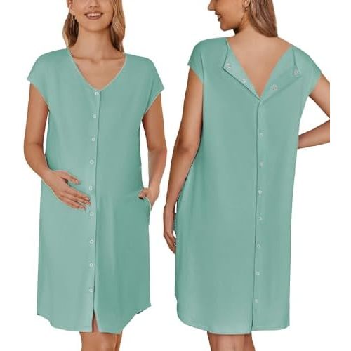 Ekouaer Labor/Delivery/Hospital Gown Nursing Nightgown Maternity Sleepwear With Pockets Postpartum Gowns with Button S-XXL