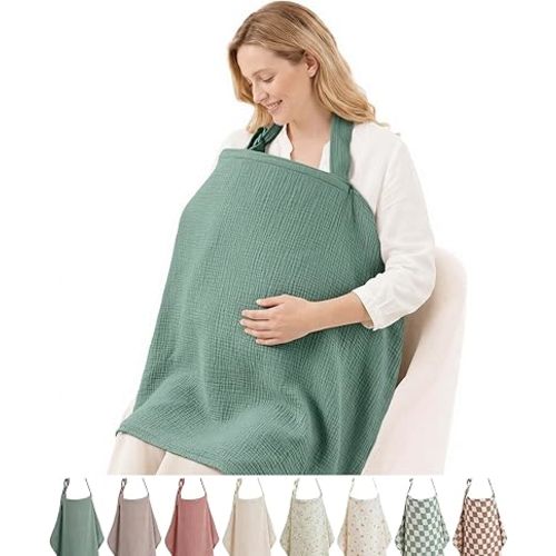 Blissful Diary Muslin Nursing Cover for Breastfeeding, Breathable Breastfeeding Cover up with Arch Neckline for Women, Nursing Apron (Roman Green)