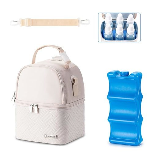 BABEYER Breastmilk Cooler Bag with Ice Pack Fits 6 Baby Bottles up to 9 Ounce, Breast Milk Pump Cooler Bag with Shoulder Strap for Nursing Mom Daycare, Work, Travel- Cream - Cream 1