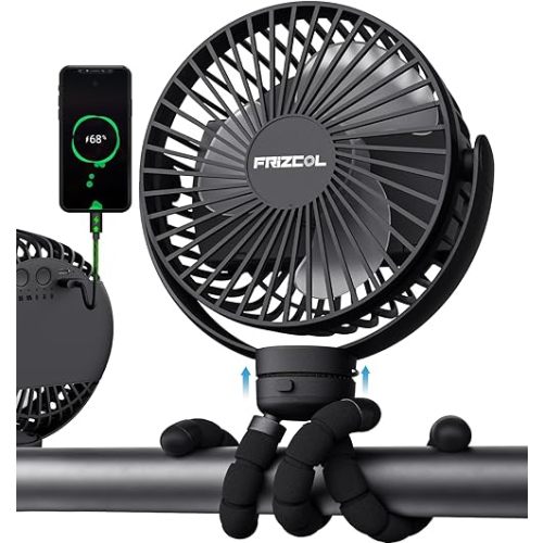 FRIZCOL Portable Stroller Fan, Use As Power Bank, 65H 12000mAh Battery Operated Fan Flexible Tripod Baby Car Seat Fans with Timming, Personal Mini Handheld/Desk/Small Clip On Fans For Stroller