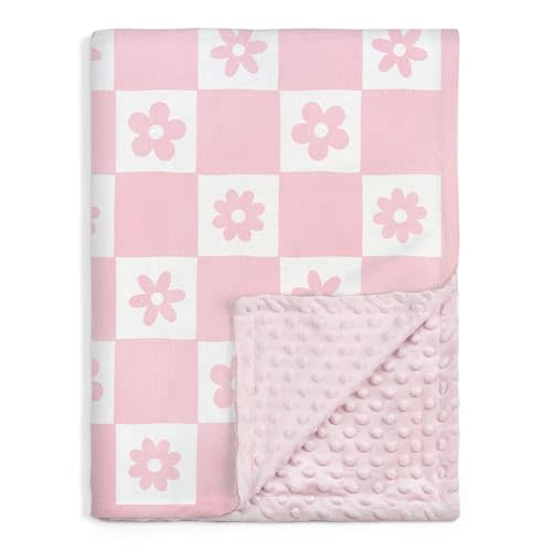 Daisy Minky Baby Blanket 30 x 40 Inches for Girls, Soft Plush Receiving Blanket with Dotted Back, Gift for Toddler Newborn Infant Christmas Birthday Baby Shower