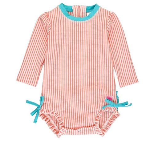 RuffleButts Infant Seersucker Long Sleeve One Piece Rash Guard - Spring Green, Size: 6-12m