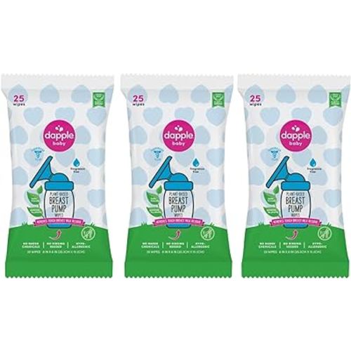 Breast Pump Wipes by Dapple Baby, 25 Count (Pack of 3), Fragrance Free, Plant Based & Hypoallergenic Breast Pump Wipes - Removes Milk Residue, Leaves No Taste - Convenient Wipes Pouch
