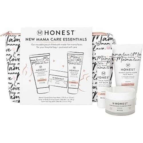 The Honest Company New Mama Care Essentials Gift Set | Hospital Bag Must Haves | Travel Size Nip Balm (0.5 oz), Glow On Body Cream (1 oz), Gotta Glow Face Wash (1.75 fl oz), Reusable Pouch