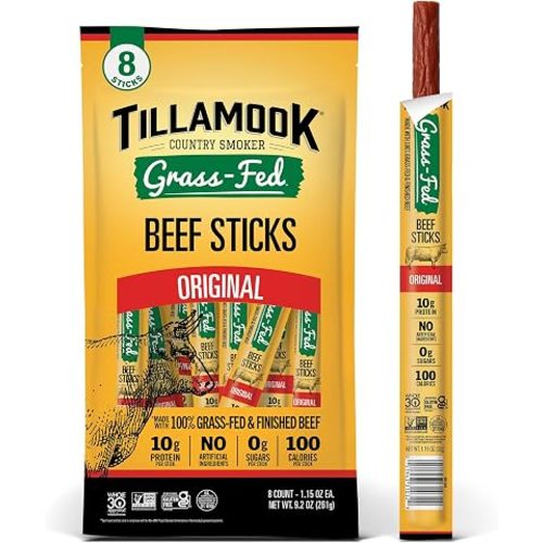 Tillamook Country Smoker 100% Grass Fed Beef Sticks, Zero Sugar, Original, 1.15 Ounce, 8 Pack, Non-GMO Clean Meat Snacks, 10g High Protein Per Stick, Gluten Free Keto Snack, Individually Wrapped