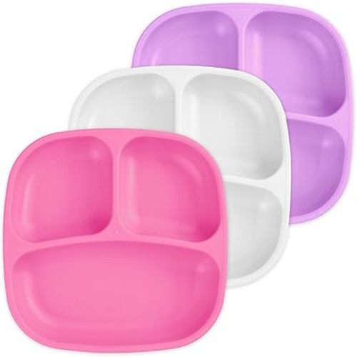 Re-Play Made in USA 7" Deep Walled Divided Plates for Kids, Set of 3 - Reusable 3 Compartment Plates, Dishwasher and Microwave Safe - 7.37" x 7.37" x 1.25", Berry