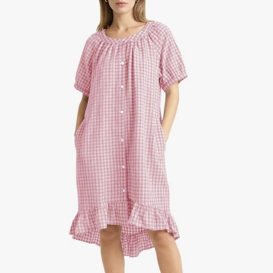 PEHMEA Women's Cotton Gingham Nightgown Short Sleeve Loose Fit Sleepshirt with Pockets Button Down Midi House Dress
