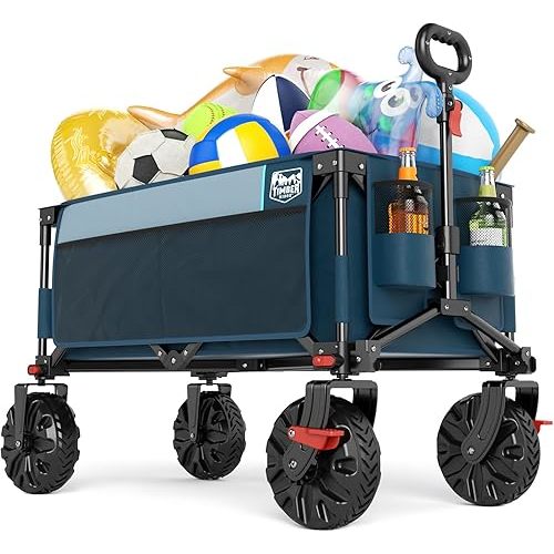 TIMBER RIDGE Outdoor Collapsible Wagon with Brakes Utility Folding Cart Heavy Duty All Terrain Wheels for Shopping Camping Garden with Side Bag and Cup Holders, Blue