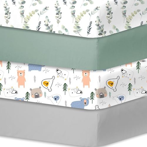 bimocosy Fitted Crib Sheets for Boys Girls 4 Pack, Size 28"x 52" for Standard Crib and Toddler Mattresses, Super Soft Breathable Microfiber Baby Crib Mattress Sheet, Leaf/Bear/Gray/Green - Leaf/Bear/Gray/Grayish Green