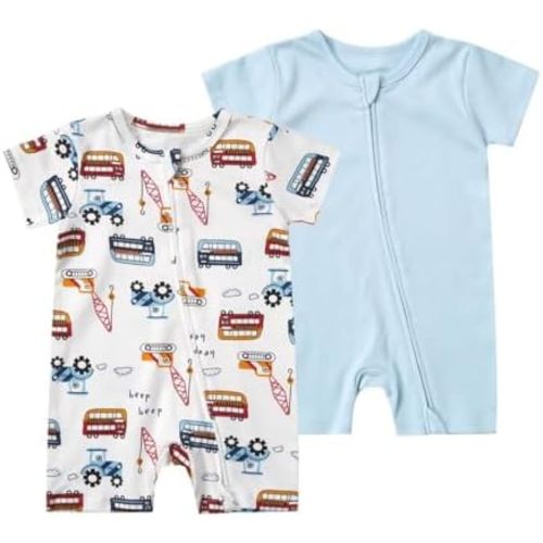 Teach Leanbh Unisex Baby 2 Pack Pajamas Cotton Short Sleeve 2 Way Zipper Printing Soild Romper Jumpsuit Sleep and Play